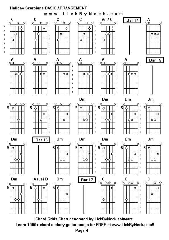 Chord Grids Chart of chord melody fingerstyle guitar song-Holiday-Scorpions-BASIC ARRANGEMENT,generated by LickByNeck software.